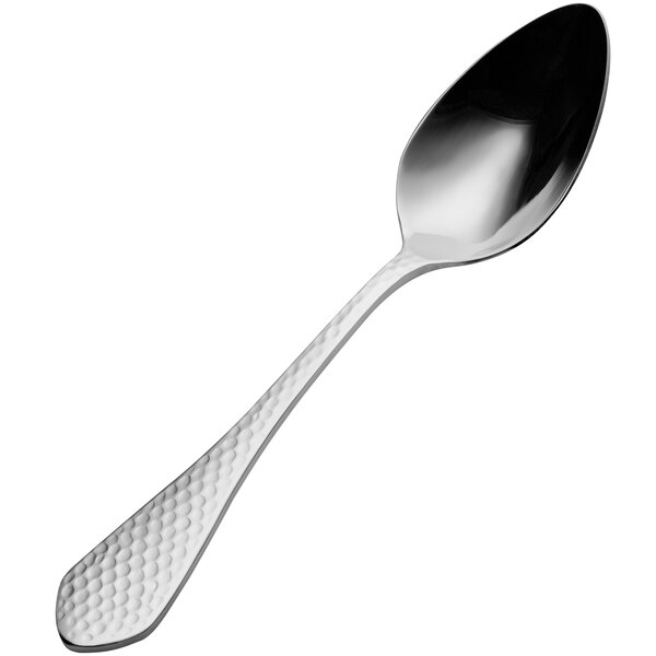 A close-up of a Bon Chef Reflections Bonsteel soup spoon with a silver handle.