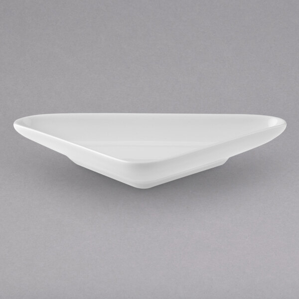 A Villeroy & Boch white porcelain flat triangle bowl on a white background.