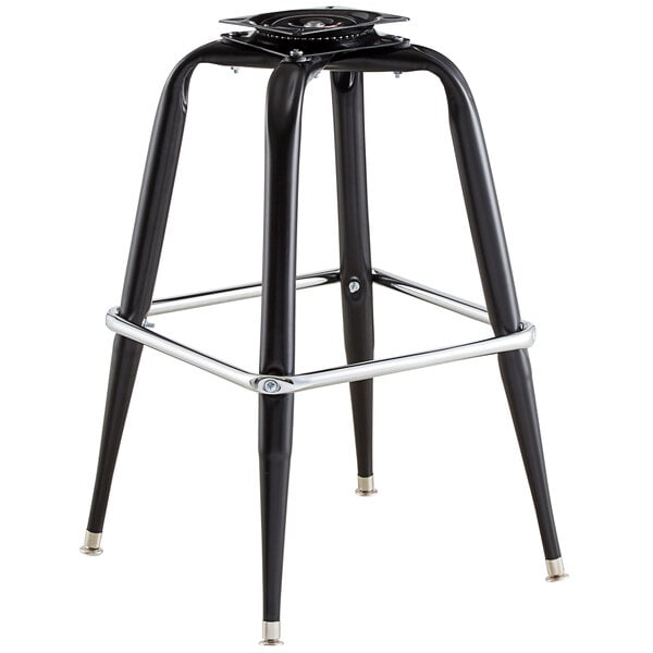A black Lancaster Table & Seating bucket barstool frame with a silver metal base.