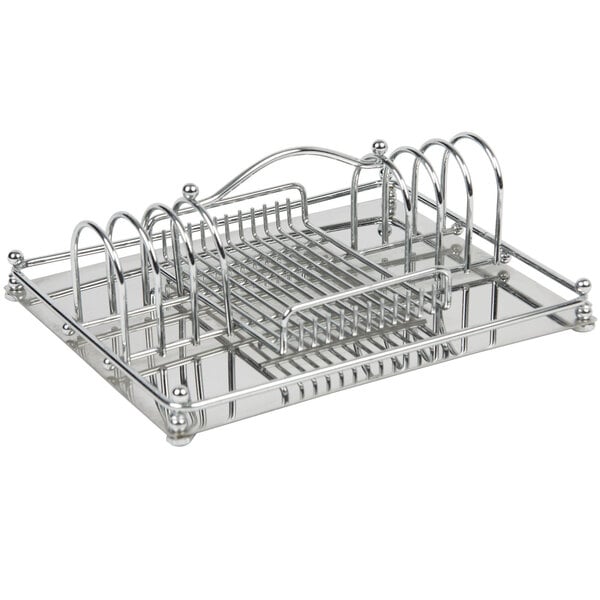 A chrome-plated Bon Chef flatware organizer with solid stainless steel bottom on a metal tray.