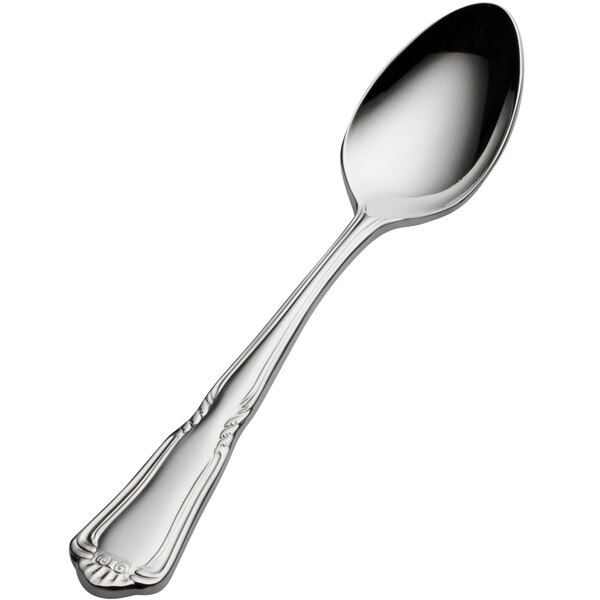 A Bon Chef Sorento stainless steel demitasse spoon with a handle.