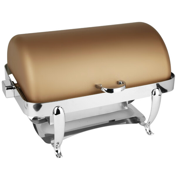 A rectangular bronze coated stainless steel roll top chafer with a lid.