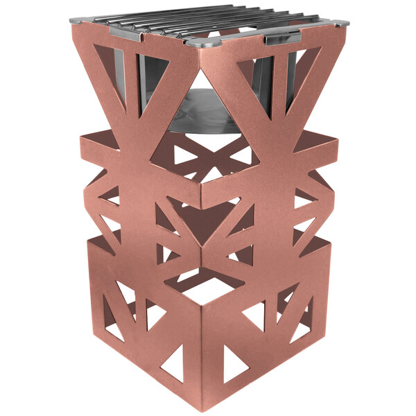 An Eastern Tabletop copper coated steel cube with a metal grate and stand.