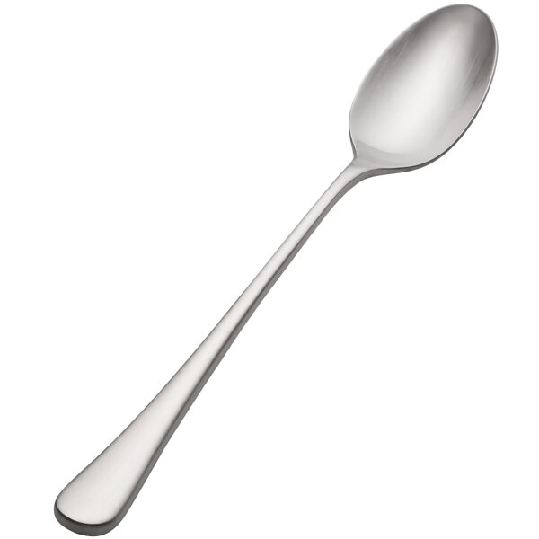 A close-up of a Bon Chef stainless steel iced tea spoon with a silver handle.