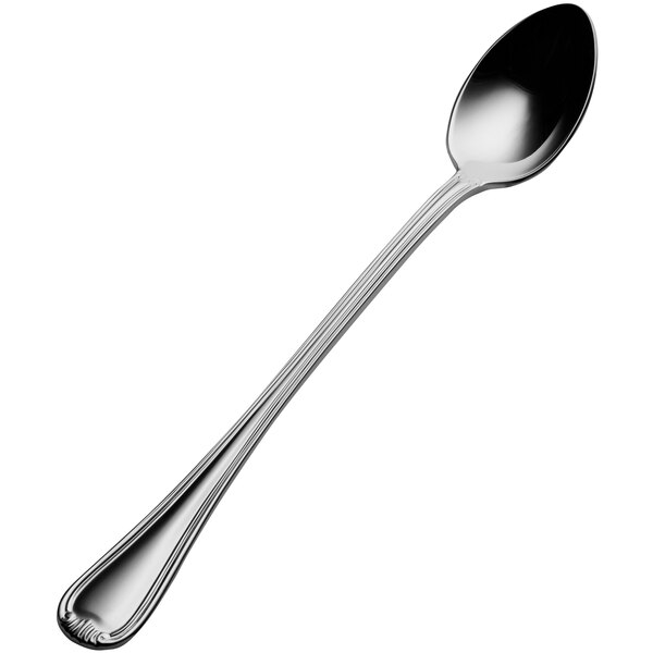 A Bon Chef stainless steel iced tea spoon with a silver handle and black spoon.