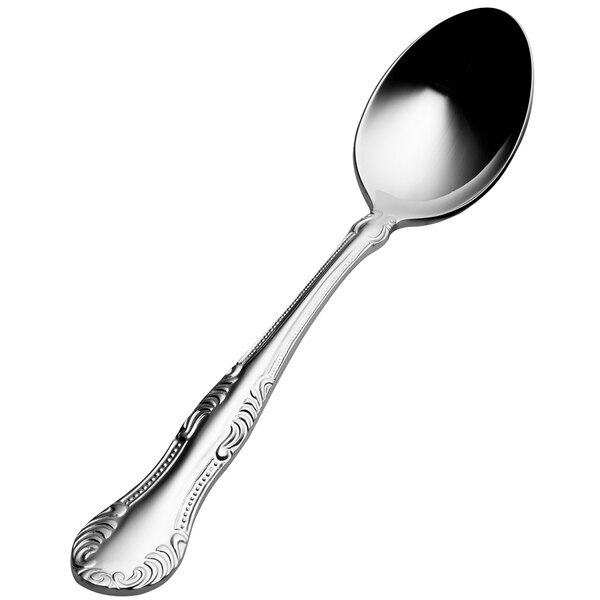 A close-up of a Bon Chef stainless steel teaspoon with a white background.