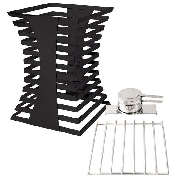 A black coated stainless steel Eastern Tabletop riser with a cooking grate.