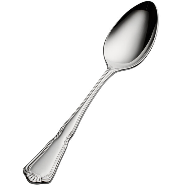 A Bon Chef Sorento soup/dessert spoon with a silver handle and spoon.