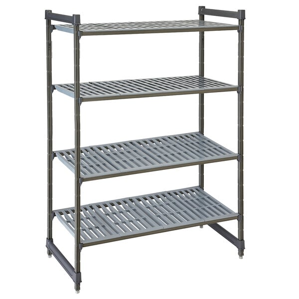 A grey metal Cambro Camshelving Basics Plus stationary shelf unit with four shelves.