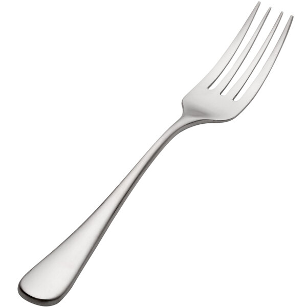 A close-up of a Bon Chef Como stainless steel dinner fork with a silver handle.