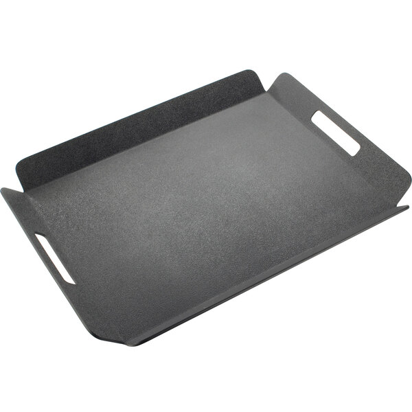 A black rectangular Cal-Mil room service tray with handles.