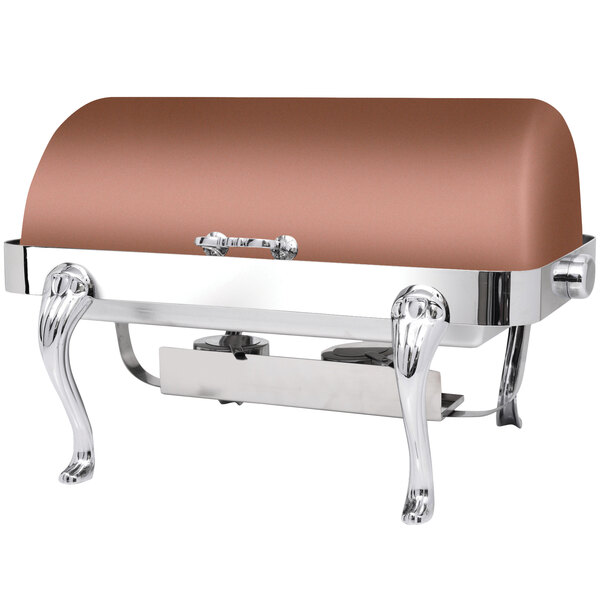 An Eastern Tabletop Queen Anne rectangular copper coated stainless steel chafing dish on a table.
