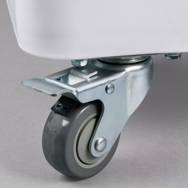 A white Baker's Mark swivel plate caster with a black wheel.