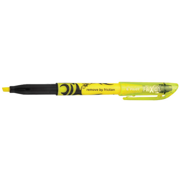 A yellow Pilot Frixion Lite highlighter pen with a black and white design.