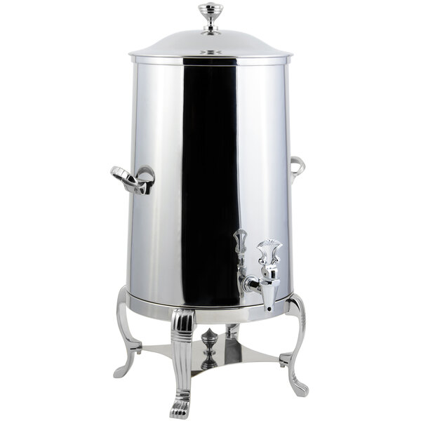 A Bon Chef stainless steel coffee chafer urn with chrome trim and a lid.