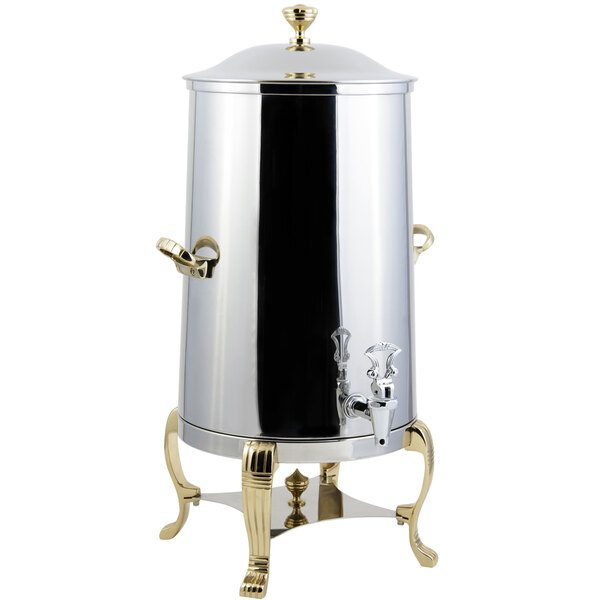 A Bon Chef stainless steel coffee chafer urn with brass trim.