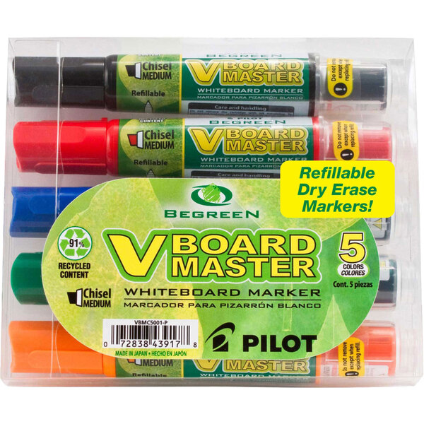 A package of Pilot BeGreen dry erase markers in a clear package with a green recycle symbol.