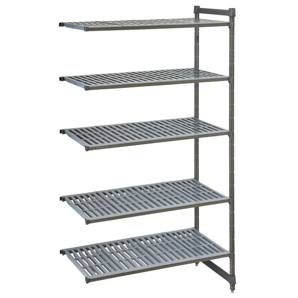 A grey metal Cambro Camshelving unit with vented shelves.