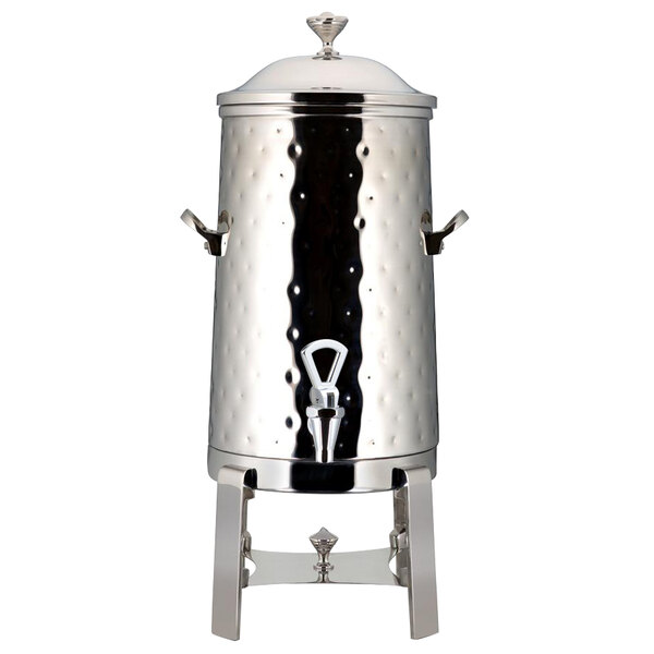 A Bon Chef stainless steel coffee chafer urn with a lid and contemporary handle.