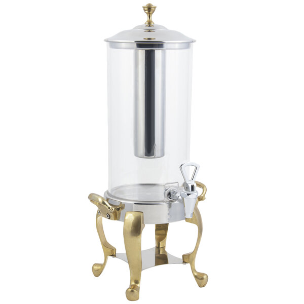 A Bon Chef brass and stainless steel beverage dispenser on a counter.