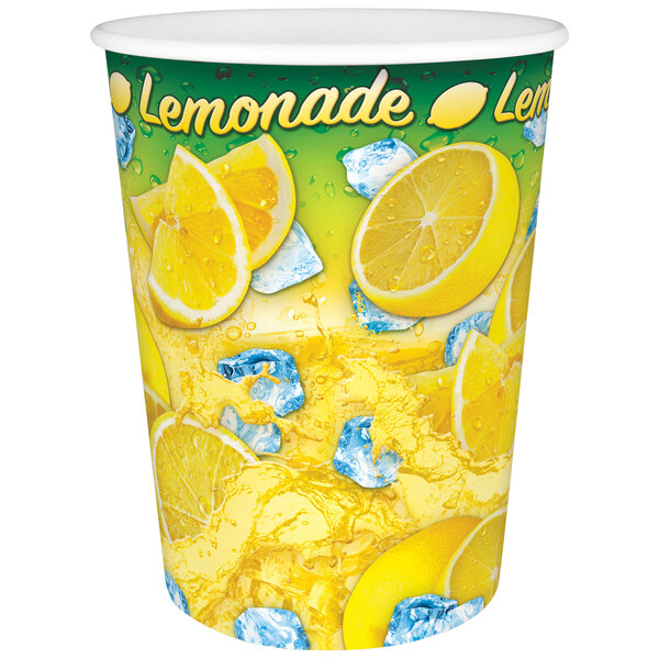 A white paper cup with "Lemonade Ice" in yellow and a lemon slice design.