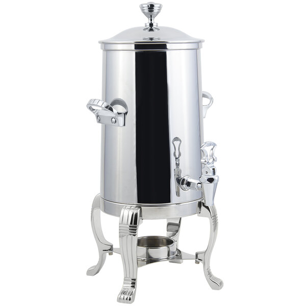 A Bon Chef stainless steel coffee chafer urn with a lid on a stand.