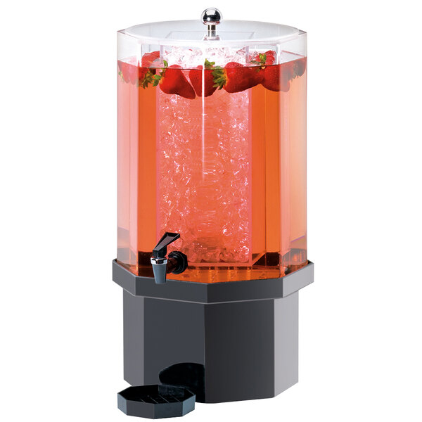 A Cal-Mil Classic beverage dispenser with a granite charcoal base and ice chamber filled with strawberries.