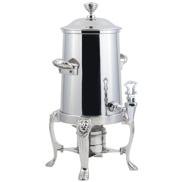 A Bon Chef stainless steel coffee chafer urn with chrome trim on a counter.
