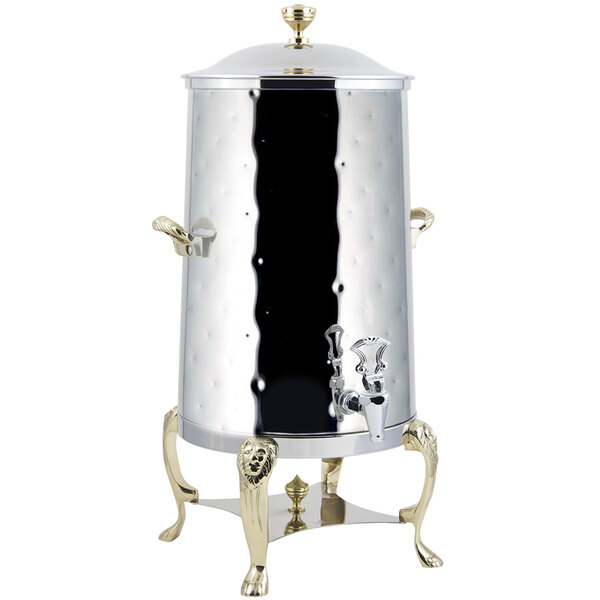 A Bon Chef stainless steel coffee chafer urn with brass trim on the lid.