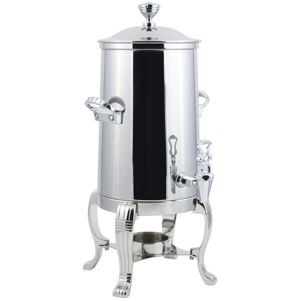 A stainless steel Bon Chef coffee chafer urn with chrome trim and handles.