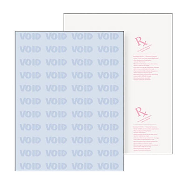 Two sheets of blue and white DocuGard security paper with the word void printed in red.