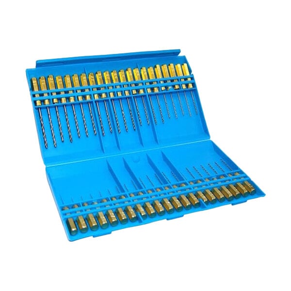 A blue plastic box with many different types of drill bits.