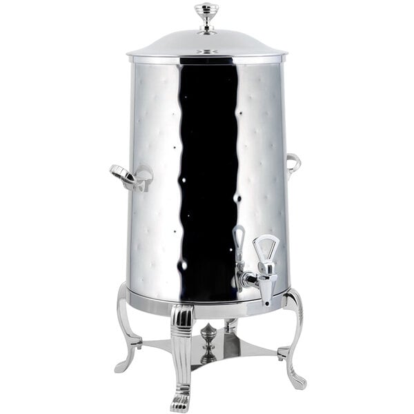 A stainless steel Bon Chef coffee chafer urn with a chrome lid.