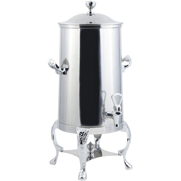 A silver Bon Chef coffee chafer urn with chrome trim on a stand.