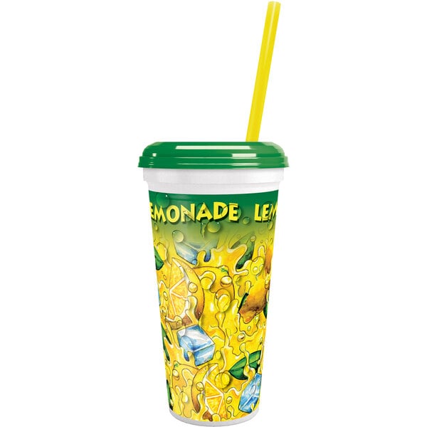 A 32 oz. plastic "Lemonade Ice" souvenir cup with a lid and straw with a lemonade design.
