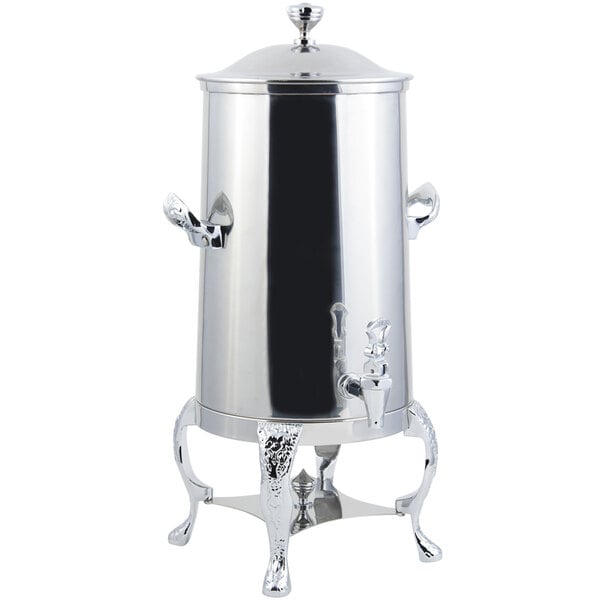 A Bon Chef stainless steel coffee chafer urn with a lid and stand with chrome trim.