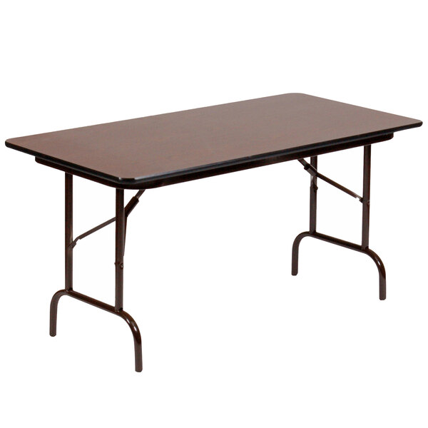 A Correll rectangular folding table with a walnut brown top and metal frame.