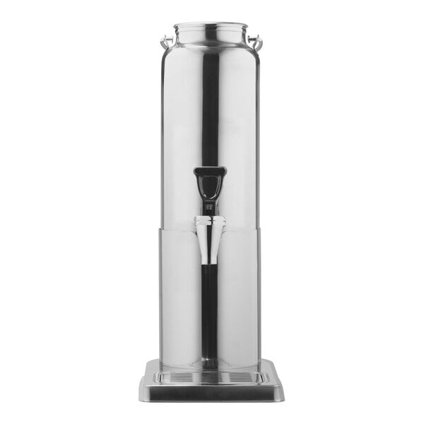 A silver stainless steel milk can beverage dispenser with a black handle.