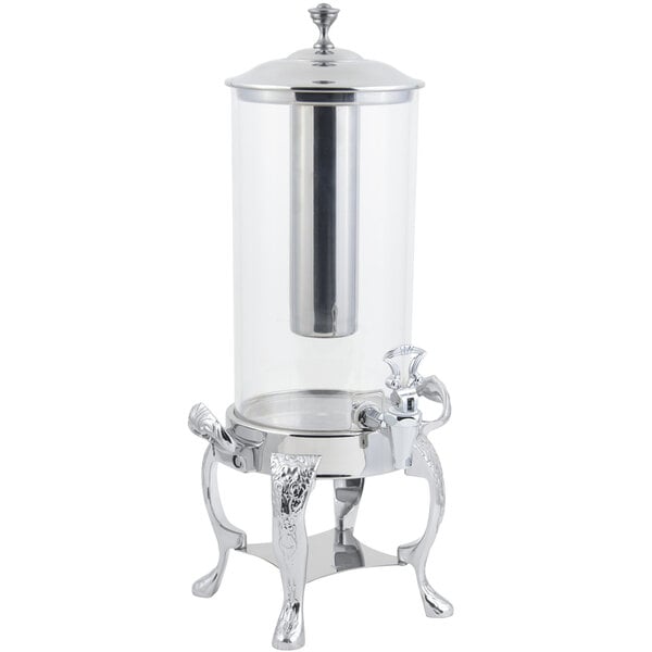 A Bon Chef silver beverage dispenser with a stainless steel ice chamber and stand.