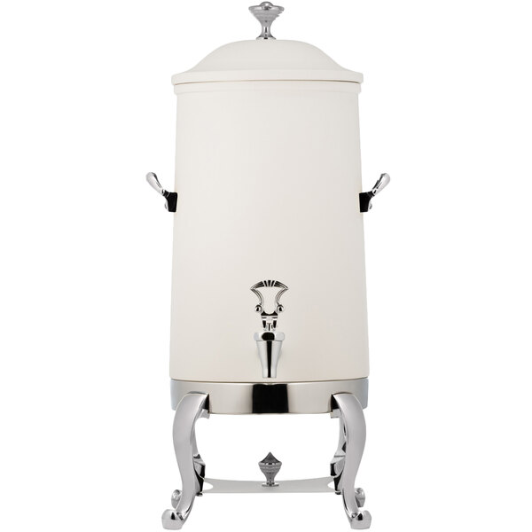 A white Bon Chef coffee chafer urn with a silver handle.