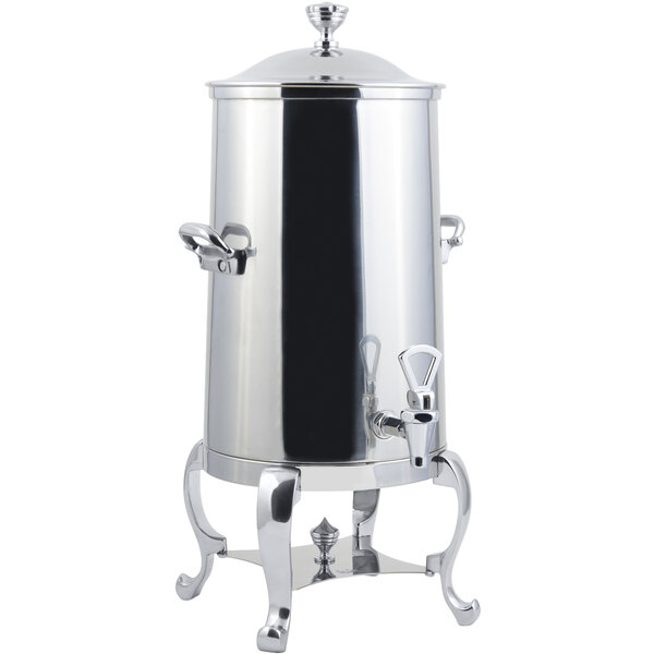 A silver stainless steel Bon Chef coffee chafer urn with a lid.