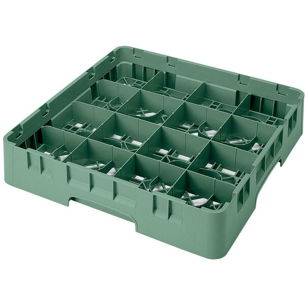 A green plastic Cambro glass rack with 16 compartments.