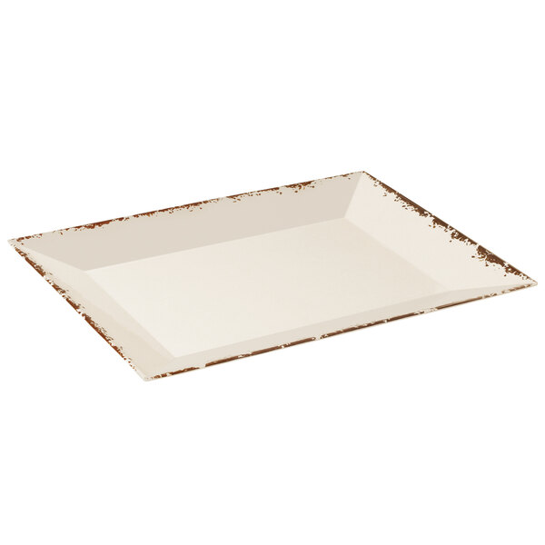 A white rectangular tray with brown edges.