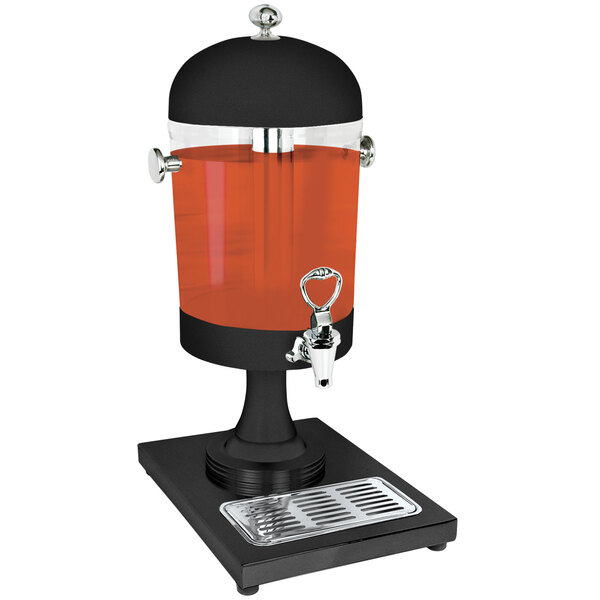 A black Eastern Tabletop beverage dispenser with an acrylic container on a stand.