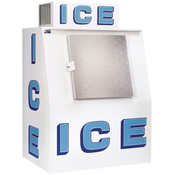 A white and blue Polar Temp ice merchandiser with blue letters.
