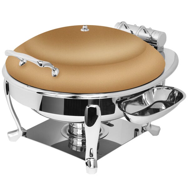 An Eastern Tabletop bronze coated stainless steel round chafing dish with a lid on a stand.