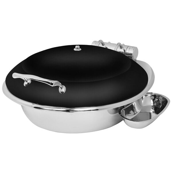 An Eastern Tabletop black and silver stainless steel chafer with a black lid.
