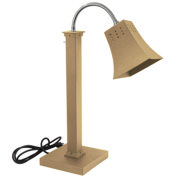 An Eastern Tabletop freestanding heat lamp with a bronze coated metal pole and square shade.