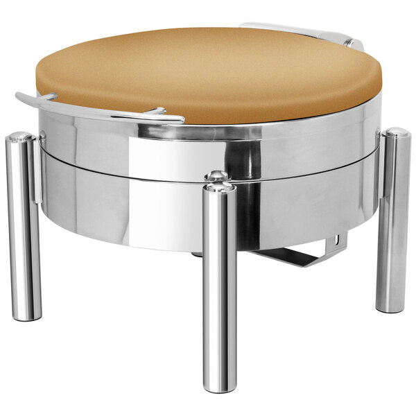 A bronze coated stainless steel round chafer on a pillar'd stand.
