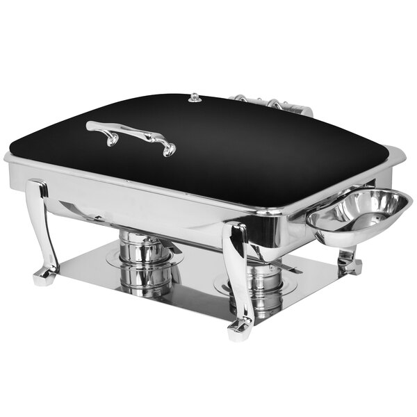 A silver and black rectangular Eastern Tabletop Crown chafer with a black lid.